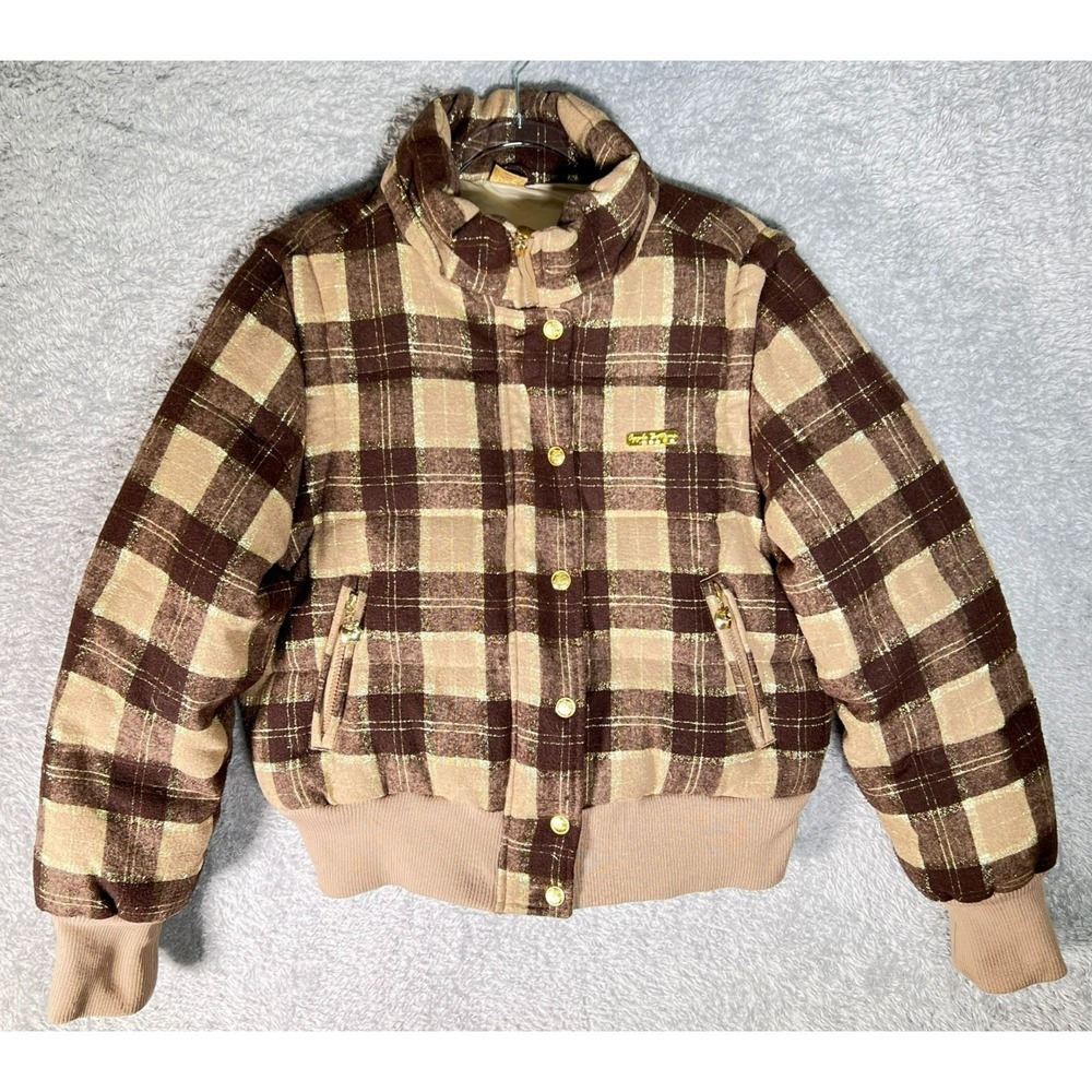 VTG Apple Bottoms Plaid Wool Blend Down Puffer Jacket 1X Detachable Sleeves Y2K